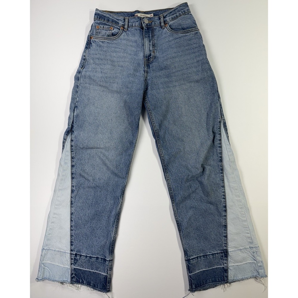 Levi's High Rise Baggy Jeans Juniors 14 Blue Patchwork Side Panel Raw Hem